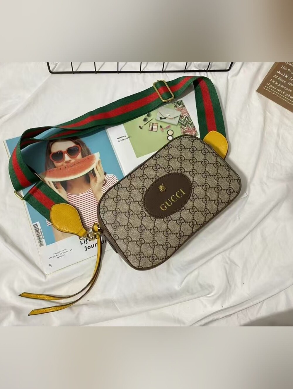 Beige Monogram Crossbody Bag with Green-Red Strap and Yellow Trim